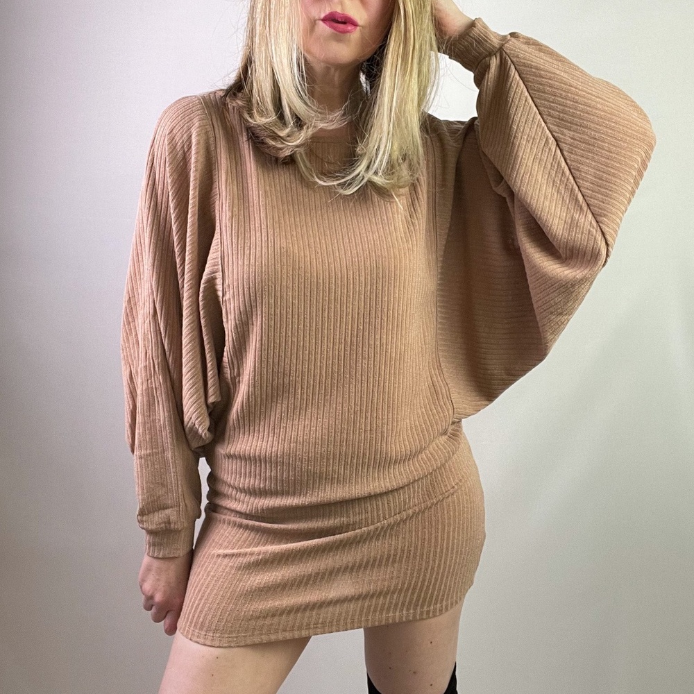 Getting Closer To You Taupe Long Sleeve Ribbed Dress